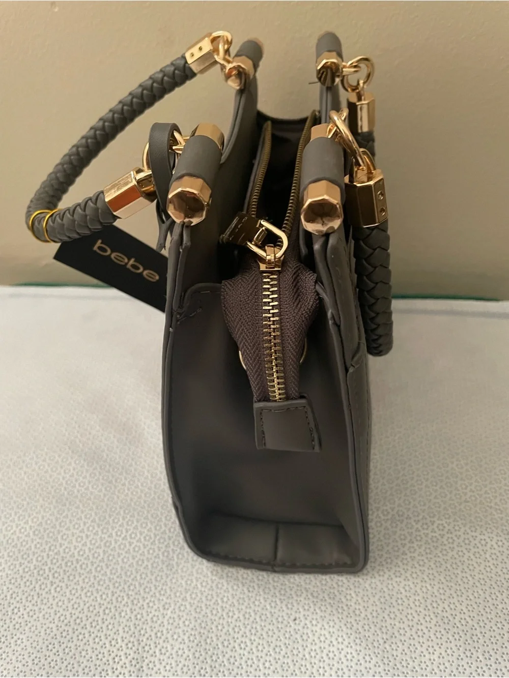 bebe Braided-Handle Gray Satchel with Gold Hardware cross body bag